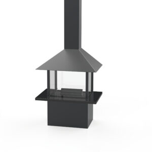 3D-skiss på Andante som är en svart rektangulär liten fristående eldstad med inglasade sidor