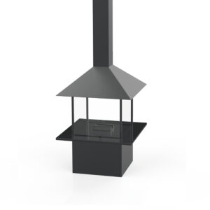 3D-skiss på Quadro som är svart stor rektangulär fristående eldstad med inglasade sidor